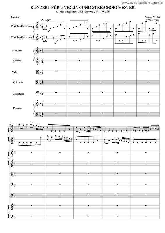 Partitura da música Concerto Para 2 Violinos Em Ré Menor Op3. Nº 11 Rv 565