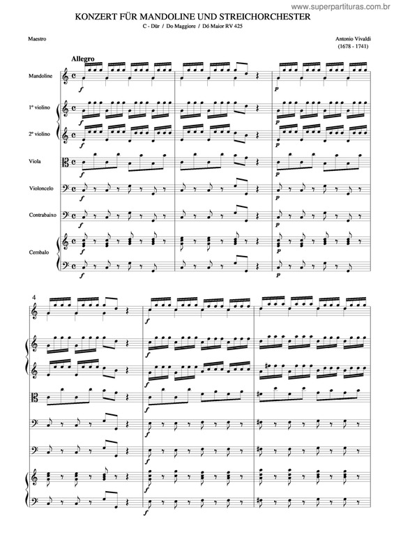 Partitura da música Concerto Para Bandolim E Cordas Em Dó Maior Rv 425