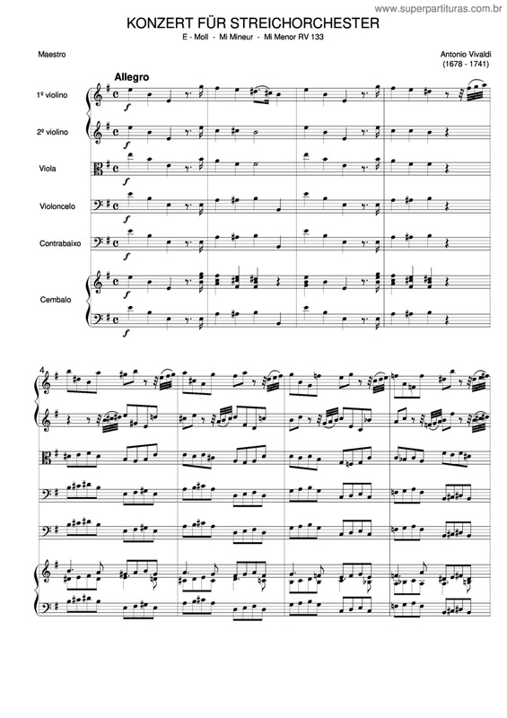 Partitura da música Concerto Para Cordas Em Mi Menor Rv 133