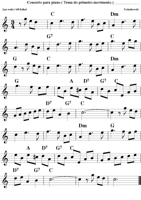 Partitura da música Concerto para Piano (Tema do primeiro movimento)