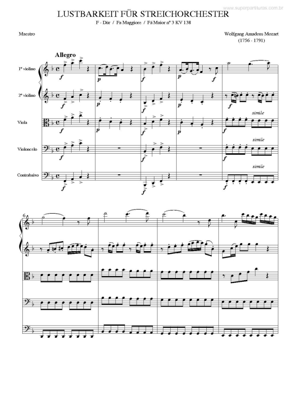 Partitura da música Concerto para Violino e Orquestra de Cordas (Fá Maior n. 3 KV 138)