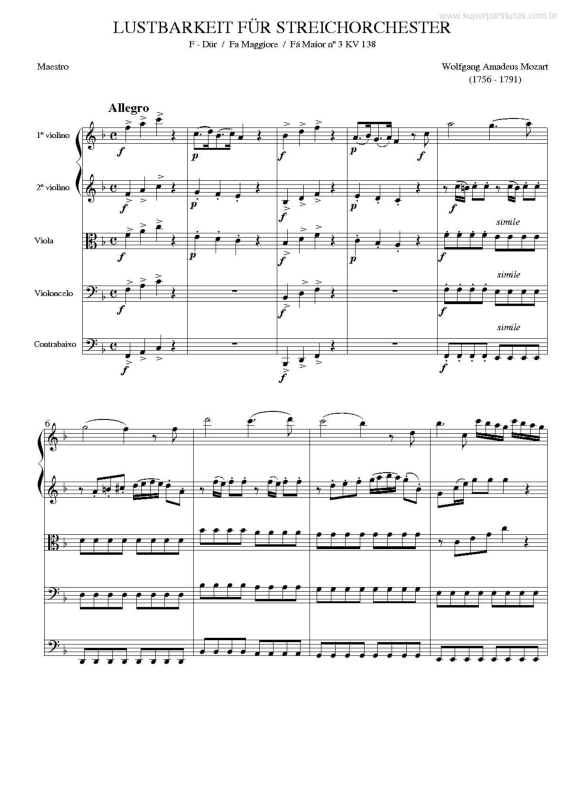 Partitura da música Concerto para Violino e Orquestra de Cordas (Fá Maior n. 3 KV 138)
