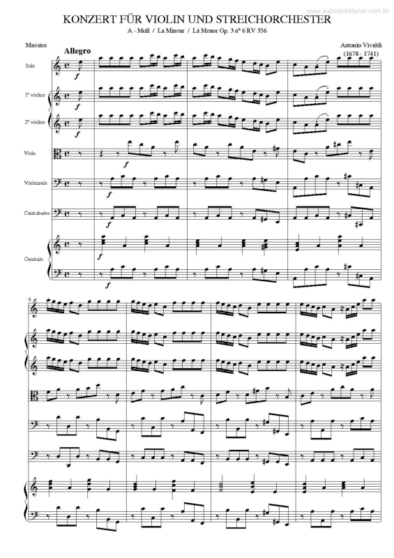 Partitura da música Concerto para Violino e Orquestra de Cordas (Lá Menor Op. 3 n. 6)