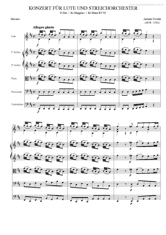 Partitura da música Concerto para Violino e Orquestra de Cordas (Ré Maior)