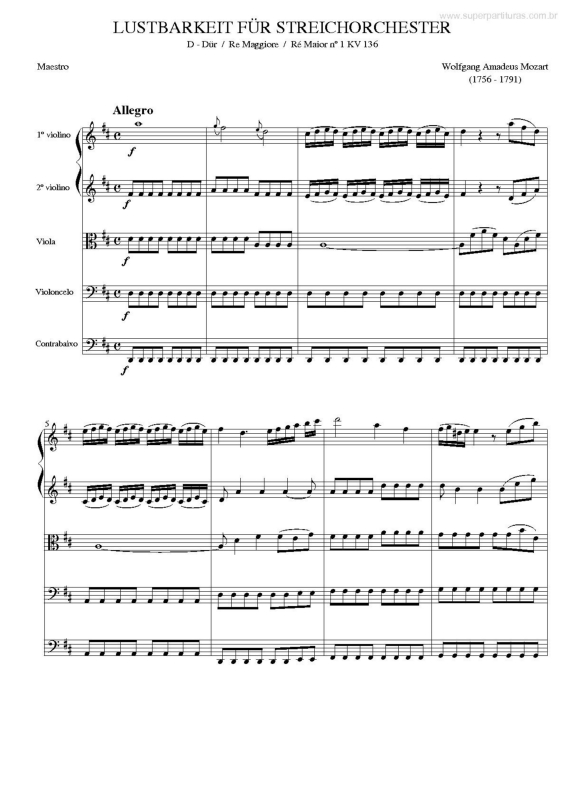 Partitura da música Concerto para Violino e Orquestra de Cordas (Ré Maior n. 1 KV 136)