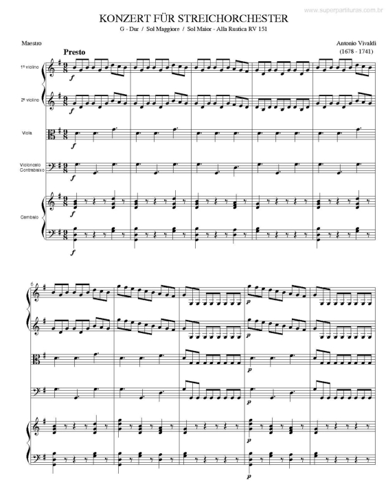 Partitura da música Concerto para Violino e Orquestra de Cordas (Sol Maior Alla Rustica)