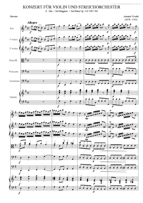 Partitura da música Concerto para Violino e Orquestra de Cordas (Sol Maior Op. 3 n. 3)