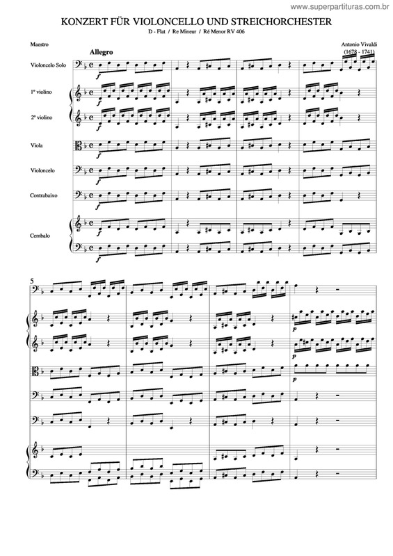 Partitura da música Concerto Para Violoncelo E Cordas Em Ré Menor Rv 406