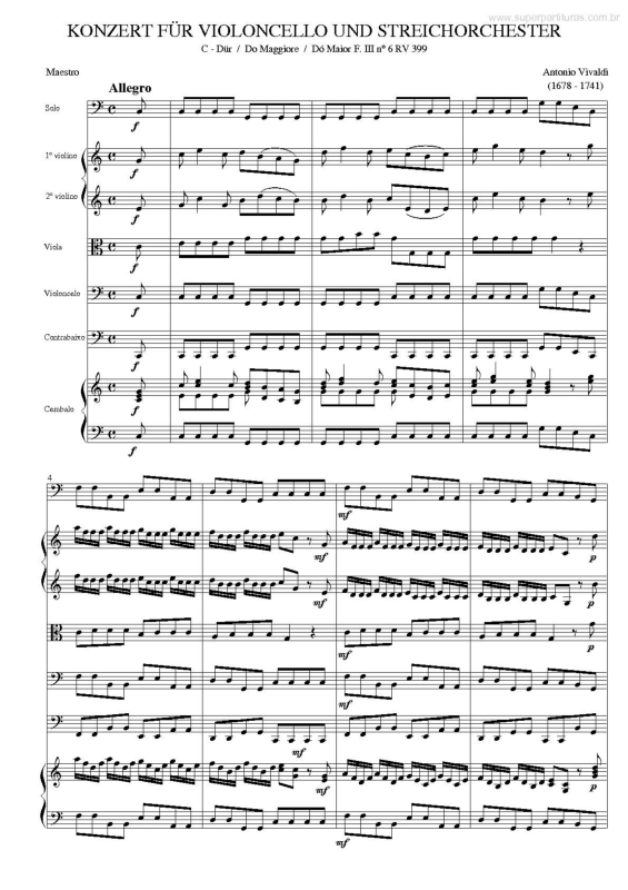 Partitura da música Concerto para Violoncelo e Orquestra (Dó Maior F. III n. 6 RV 399)