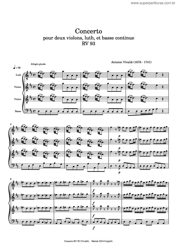 Partitura da música Concerto Rv 93 Pour Deux Violons, Luth Et Basse Continue – Antonio Vivaldi