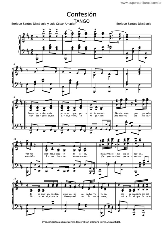 Partitura da música Confesión – Enrique Santos Discépolo