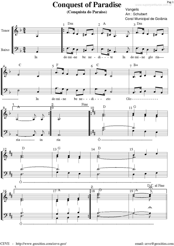 Partitura da música Conquest of Paradise (Conquista do Paraíso)