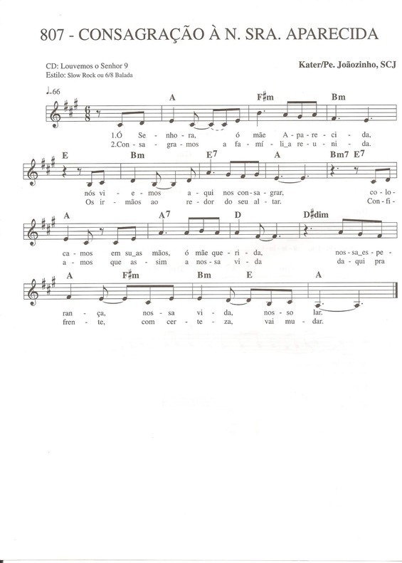 Partitura da música Consagração à Nossa Senhora Aparecida