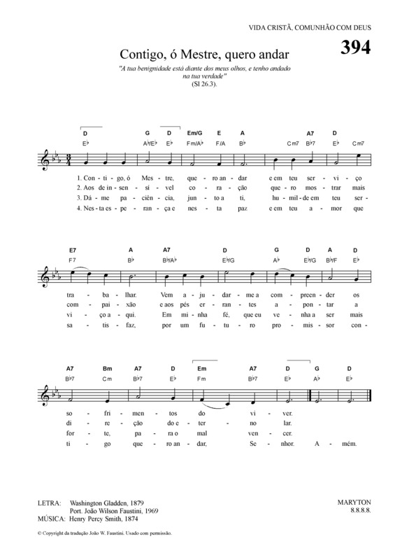 Partitura da música Contigo ó Mestre Quero Andar