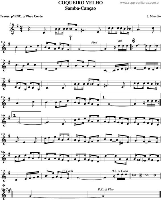 Partitura da música Coqueiro Velho