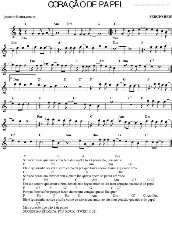 Partitura da música Coração de Papel v.2