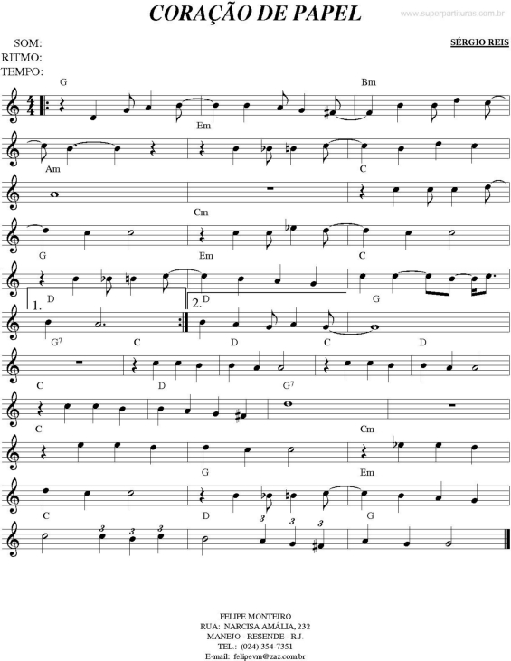 Partitura da música Coração de Papel