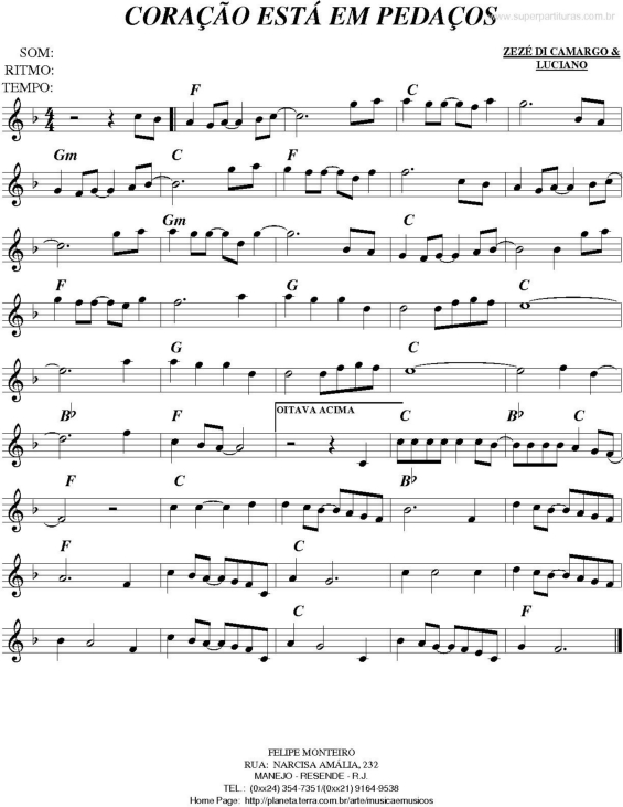 Partitura da música Coração está em pedaços