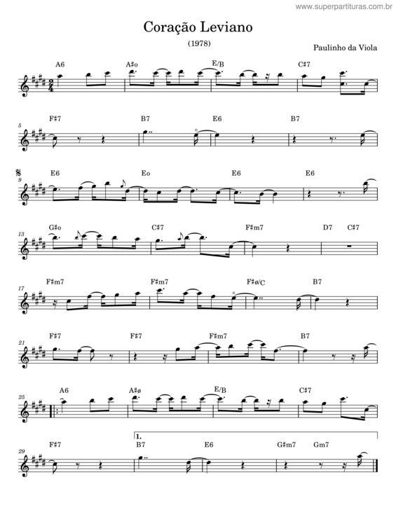 Partitura da música Coração Leviano – Paulinho Da Viola