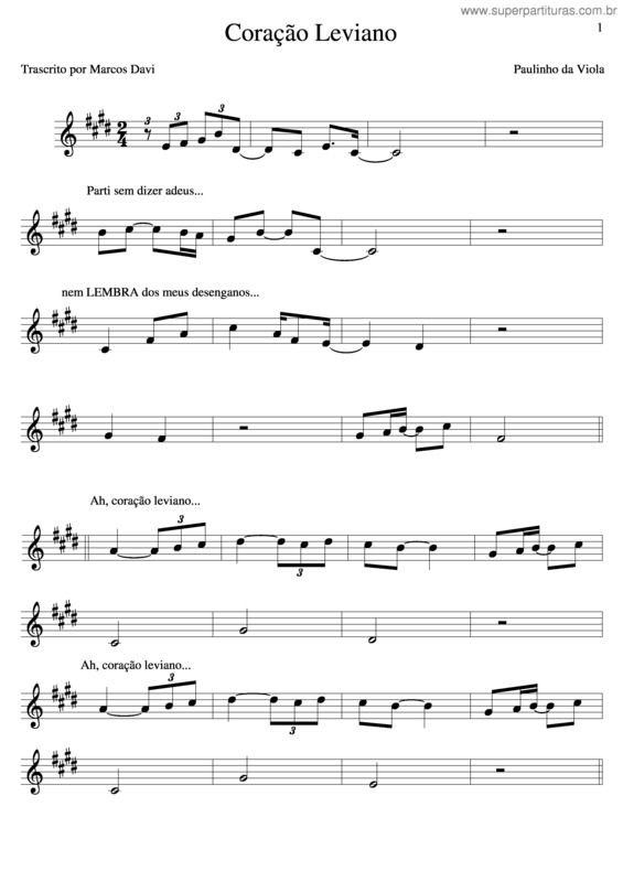 Partitura da música Coração Leviano