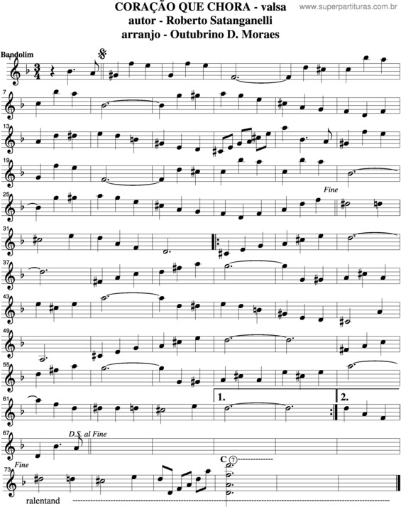 Partitura da música Coração Que Chora