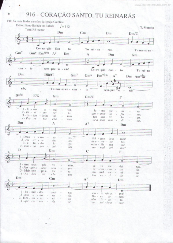 Partitura da música Coração Santo, Tu Reinarás