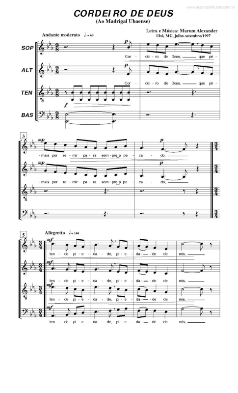 Partitura da música Cordeiro de Deus v.2