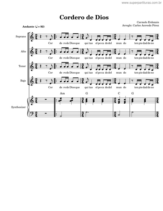 Partitura da música Cordero De Dios Que Quitas El Pecado Del Mundo – Carmelo Erdozáin v.2