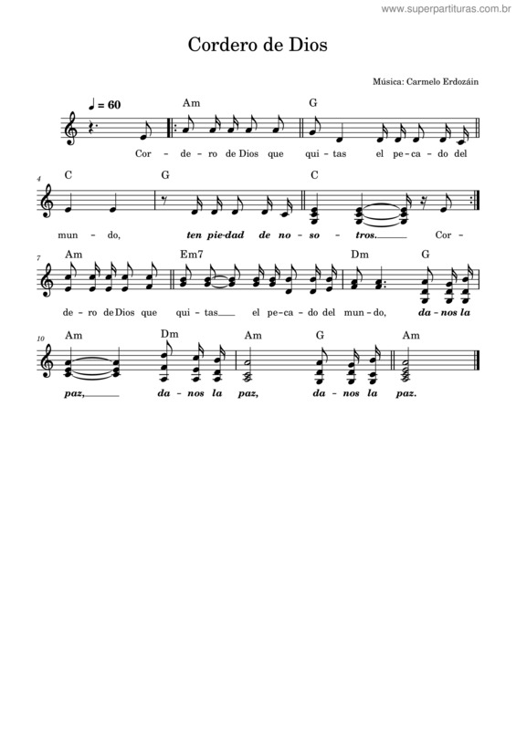 Partitura da música Cordero De Dios Que Quitas El Pecado Del Mundo – Carmelo Erdozáin v.3