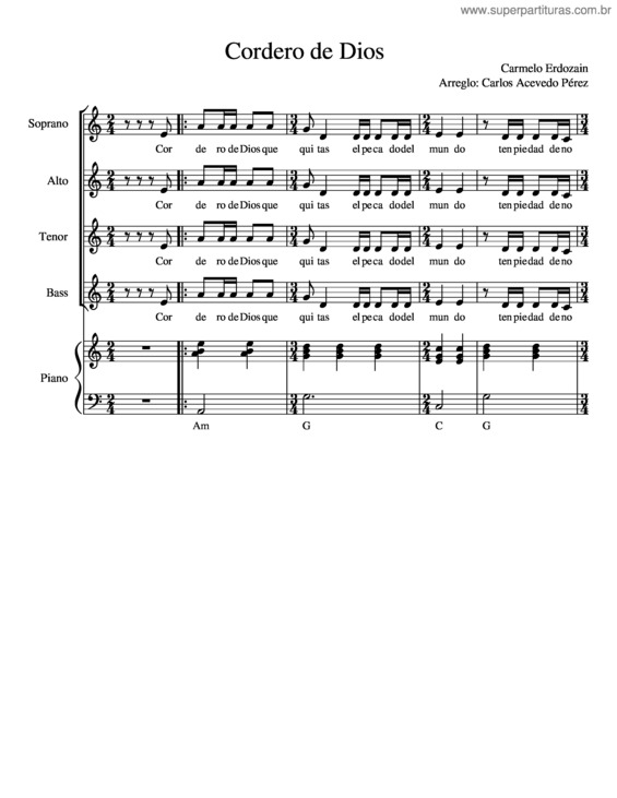 Partitura da música Cordero De Dios Que Quitas El Pecado Del Mundo – Carmelo Erdozáin