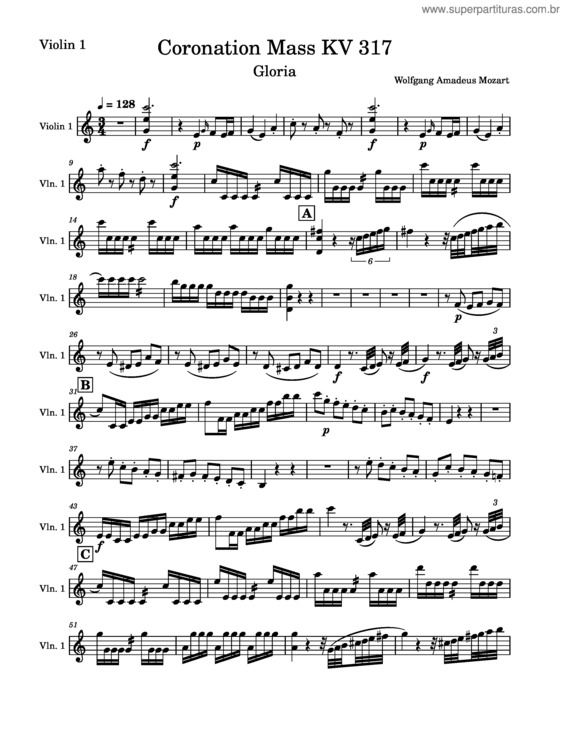 Partitura da música Coronation Mass, Gloria Violin 1, Kv 317