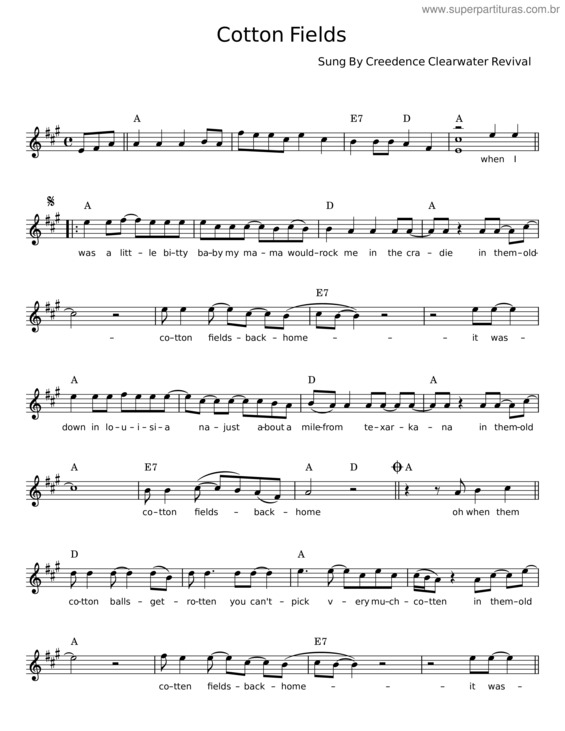 Partitura da música Cotton Fields – Creedence Clearwater Revival