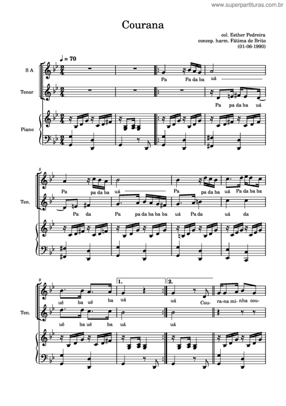 Partitura da música Courana – Composição De Esther Pedreira E Concep. Harm. Fátima De Brito Courana