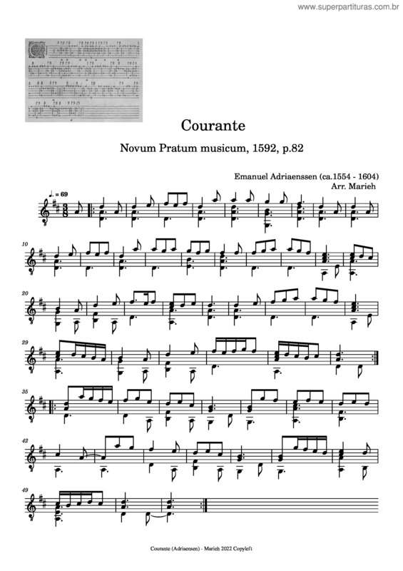 Partitura da música Courante – Emanuel Adriaenssen