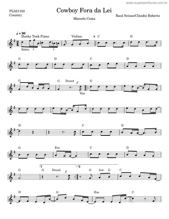 Partitura da música Cowboy Fora Da Lei – Raul Seixas v.2