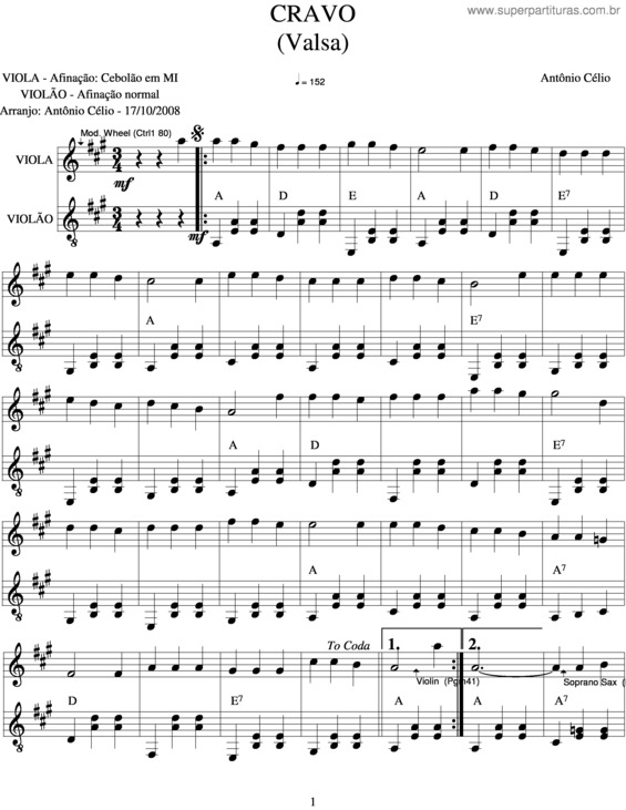 Partitura da música Cravo