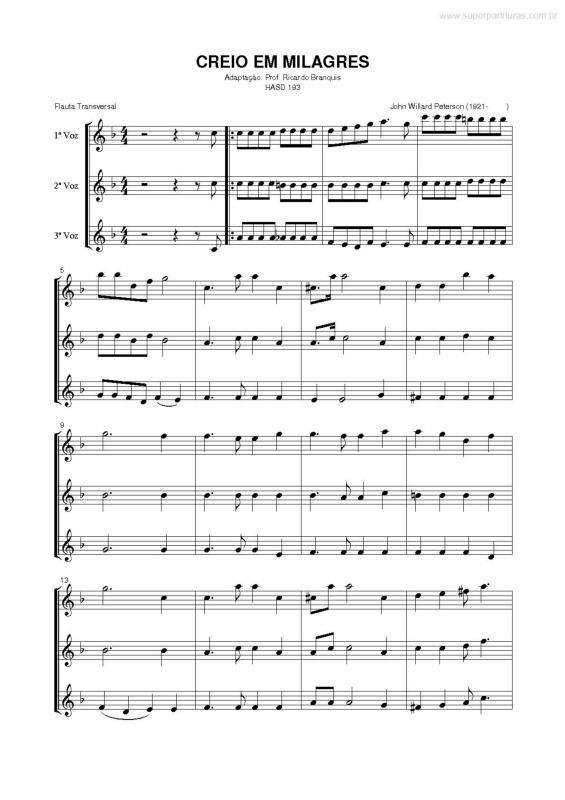 Partitura da música Creio em Milagres