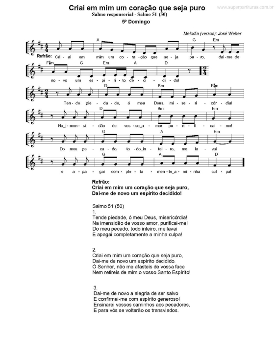 Partitura da música Criai em Mim um Coração que Seja Puro