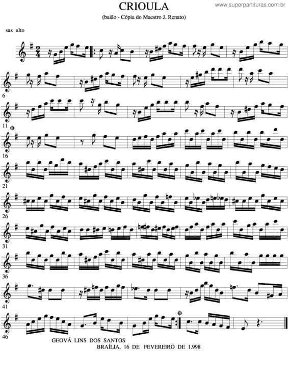 Partitura da música Crioula