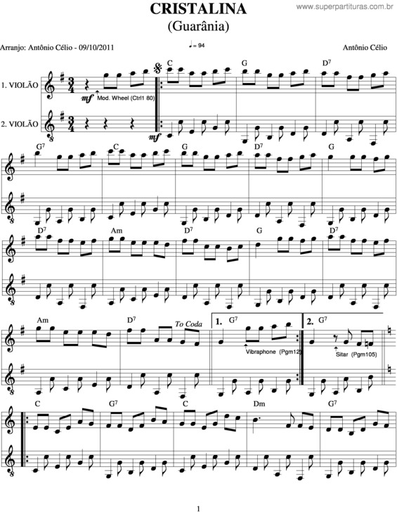 Partitura da música Cristalina