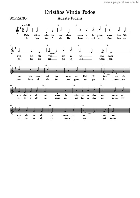 Partitura da música Cristão Vinde Todos – Soprano Adeste Fidelis–Musicat Corrigido