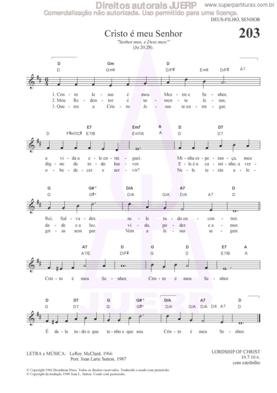 Partitura da música Cristo É Meu Senhor - 203 HCC