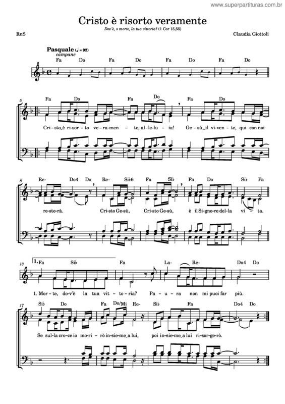 Partitura da música Cristo È Risorto Veramente – Rns
