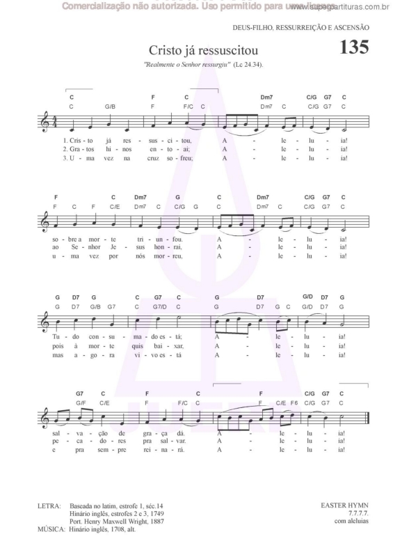 Partitura da música Cristo Já Ressuscitou - 135 HCC