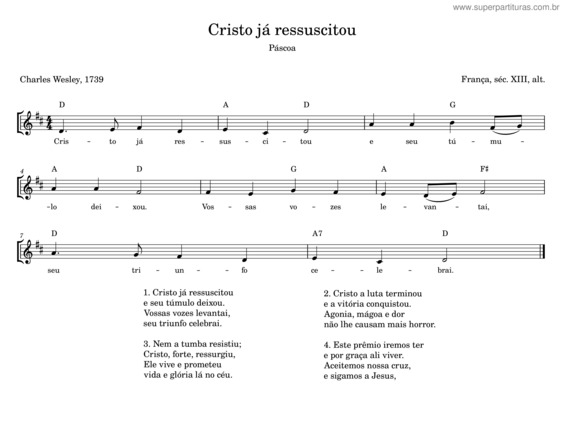 Partitura da música Cristo Já Ressuscitou – Charles Wesley