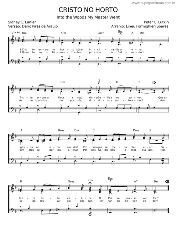 Partitura da música Cristo No Horto – Sidney C. Lanier;Dario Pires De Araújo;Pe T Er C. Lutkin