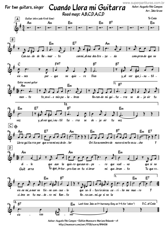 Partitura da música Cuando Llora Mi Guitarra – Augusto Polo Campos
