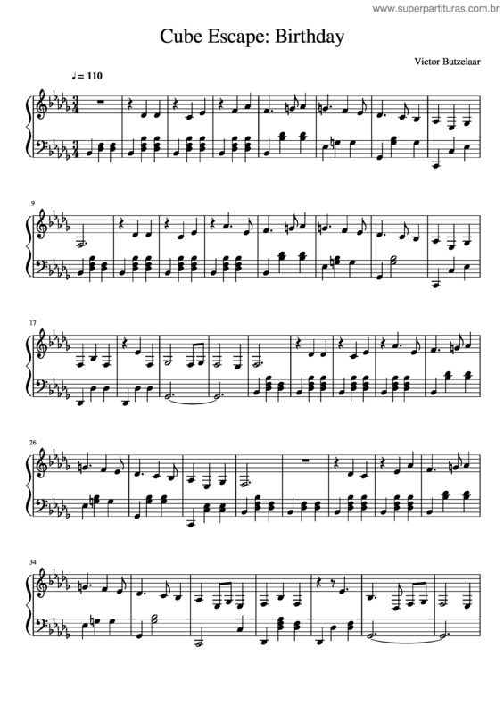Partitura da música Cube Escape: Birthday – Piano Theme