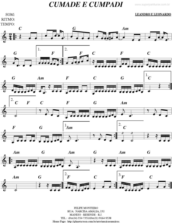 Partitura da música Cumade e Cumpadi