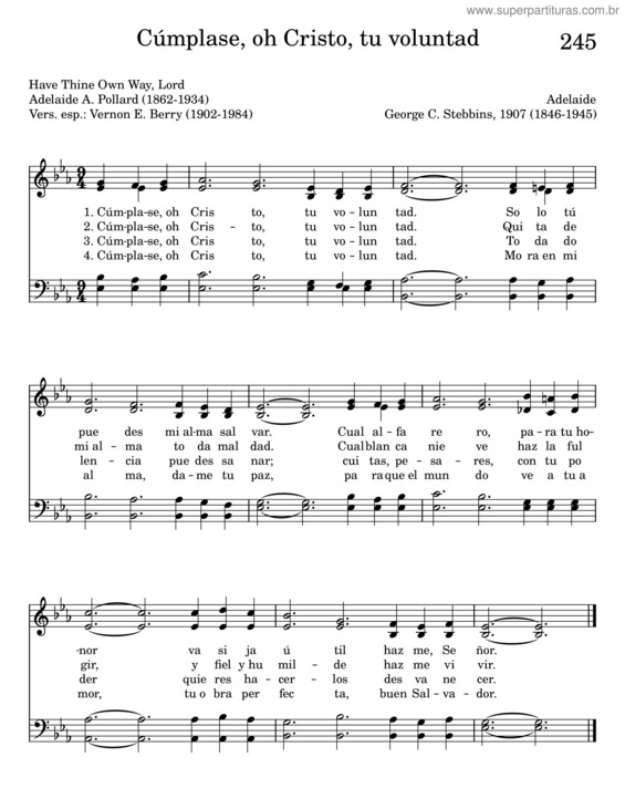 Partitura da música Cúmplase, Oh Cristo, Tu Voluntad – George C. Stebbins